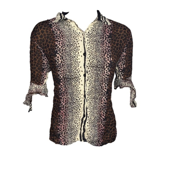 MPH Collection Tops - MPH Collection Animal Print Chiffon Blouse (Size: 1X, Color: Brown/Cream/Black)